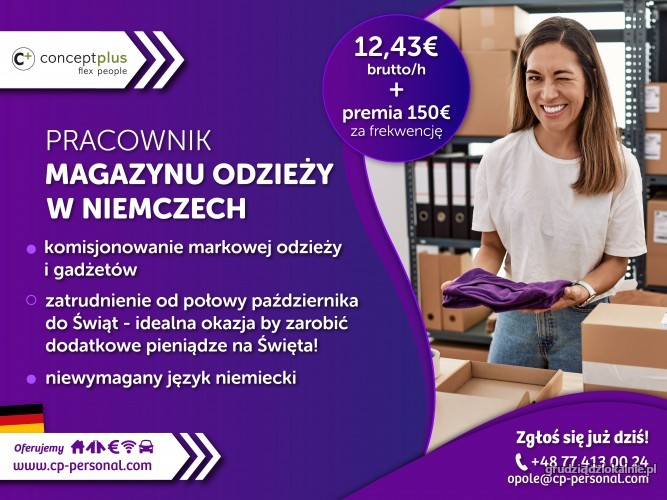 Pracownik magazynu odzieży (k/m) – 12,43 € brutto/h + Premia 150 €